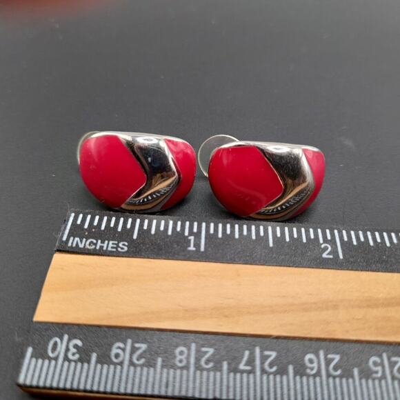 Vintage Red Enamel Silver Tone Post Earrings, 1 Inch - Picture 9 of 11